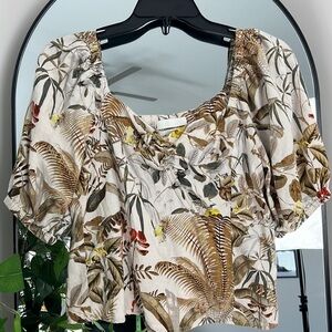 H&M Linen Tropical Print Puff Sleeve Top Size S